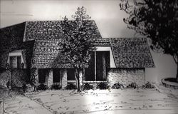 A black and white drawing of a house with a tree in front of it.