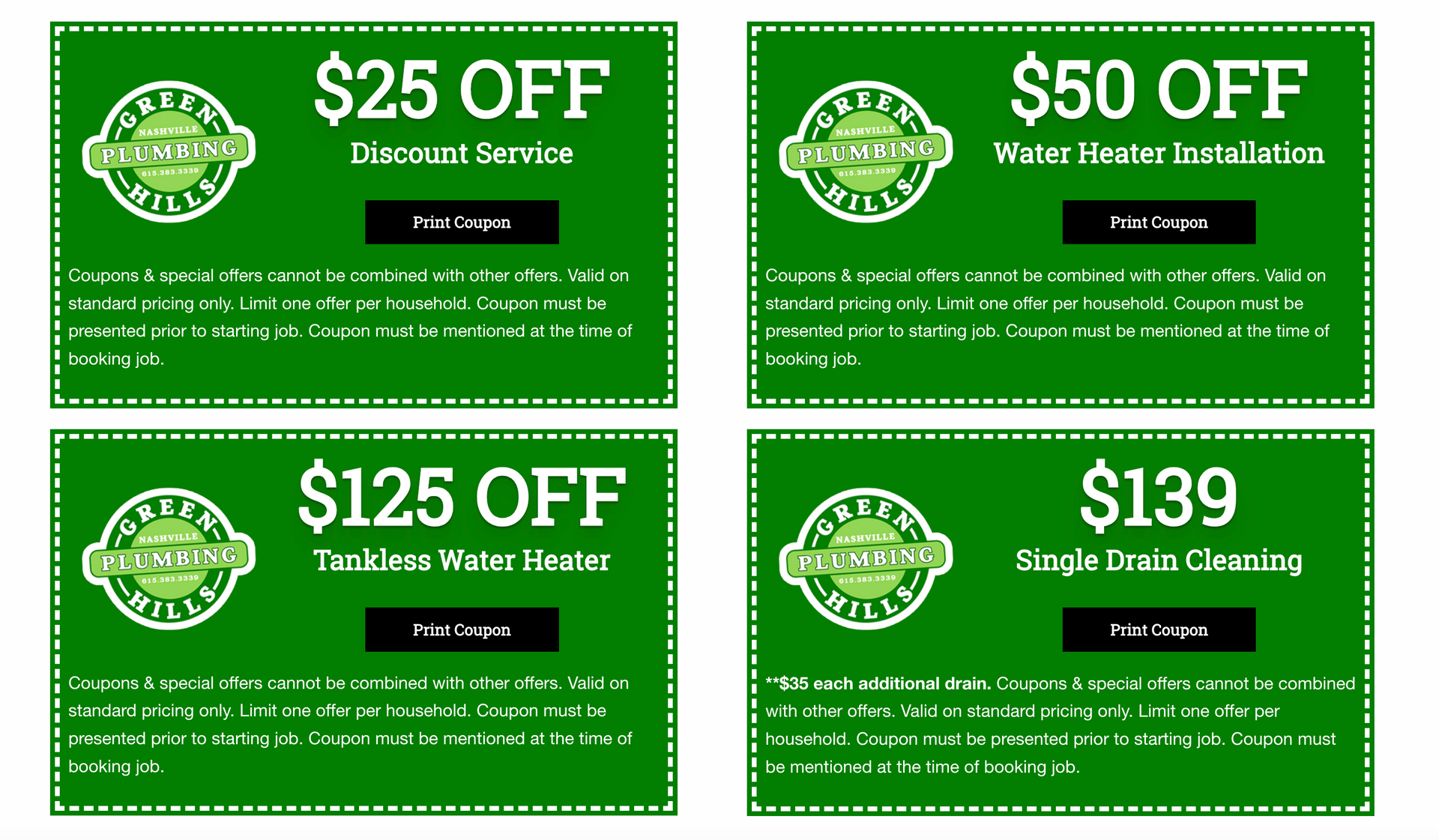 Four coupons for $ 25 off $ 125 off $ 50 off and $ 139 off