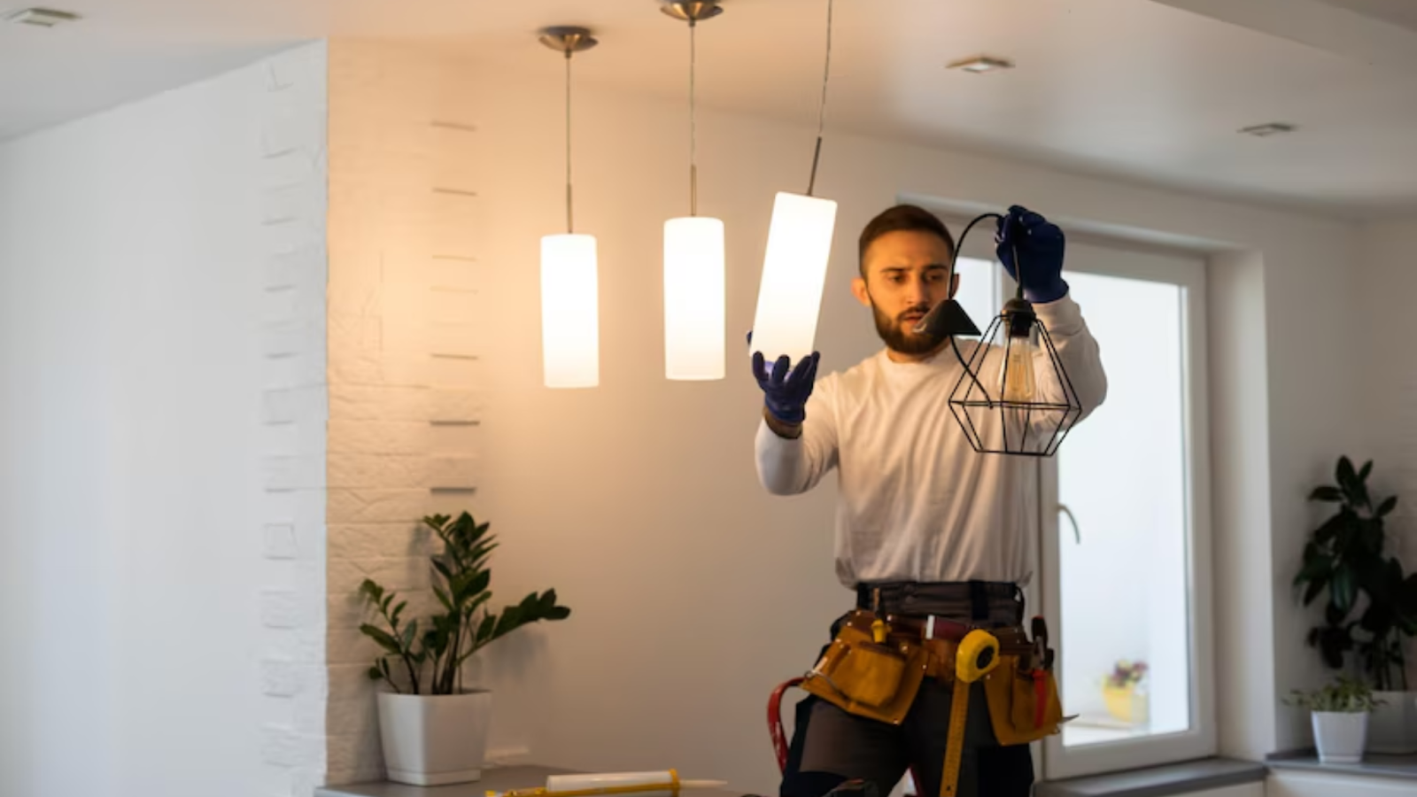 A man is installing a light fixture in a living room. A man is installing a light fixture in a living room.