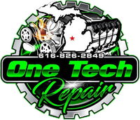 Logo for One Tech Repair: green and black text over an image of an engine with a Michigan outline, surrounded by a gear.