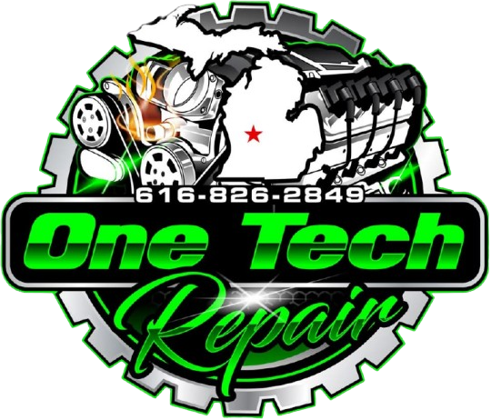 Logo for One Tech Repair: green and black text with car engine, Michigan outline, and phone number.