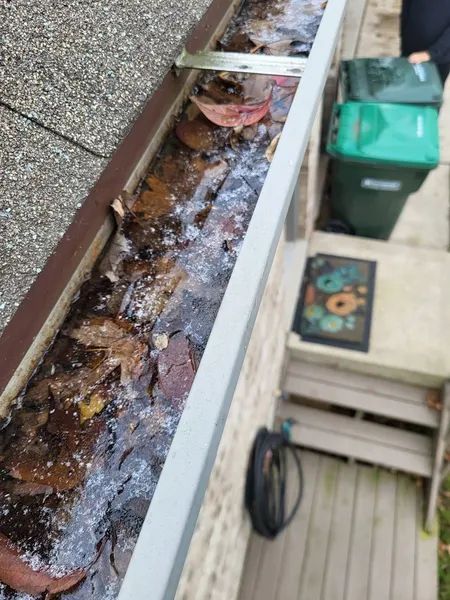 Gutter filled with leaves and ice next to a brick building, green trash can, and doormat.