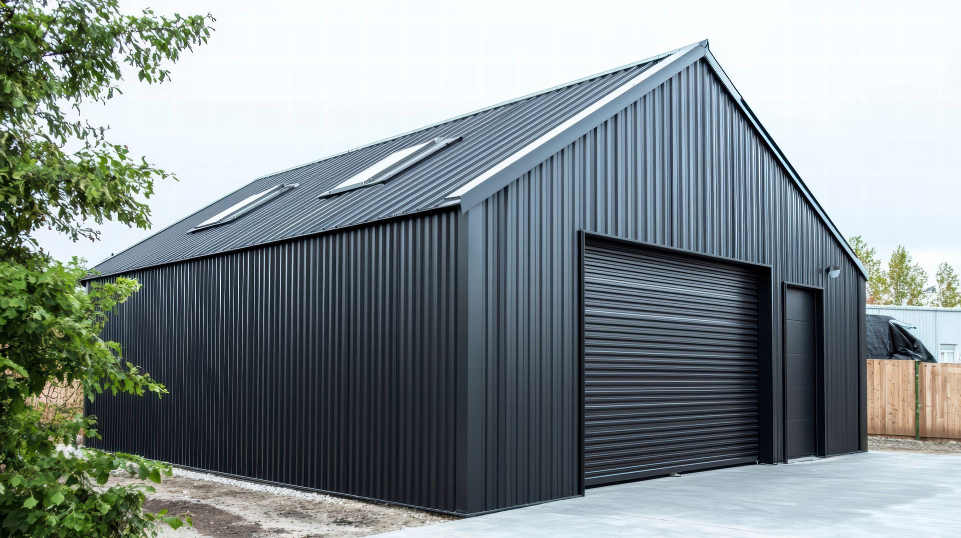 Modern black corrugated workshop with skylights, part of durable residential metal buildings.