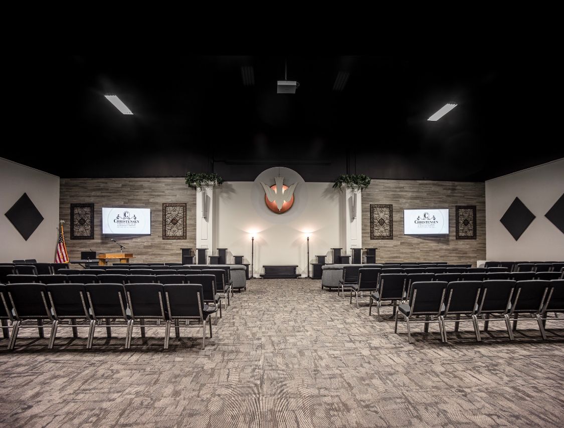 Chapel/viewing area with seating at Christensen Family Funeral Home in Seymour, IN.