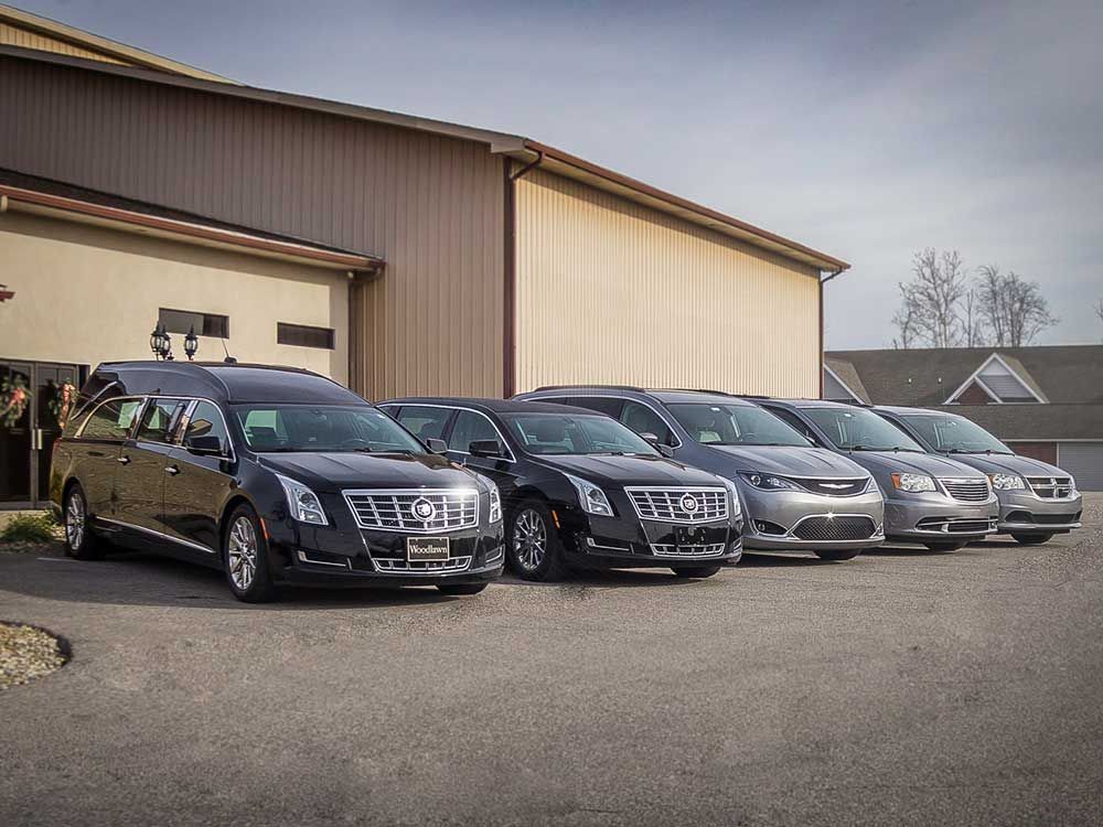 Hearses and fleet of funeral vehicles at Christensen Family Funeral Home in Seymour, IN.