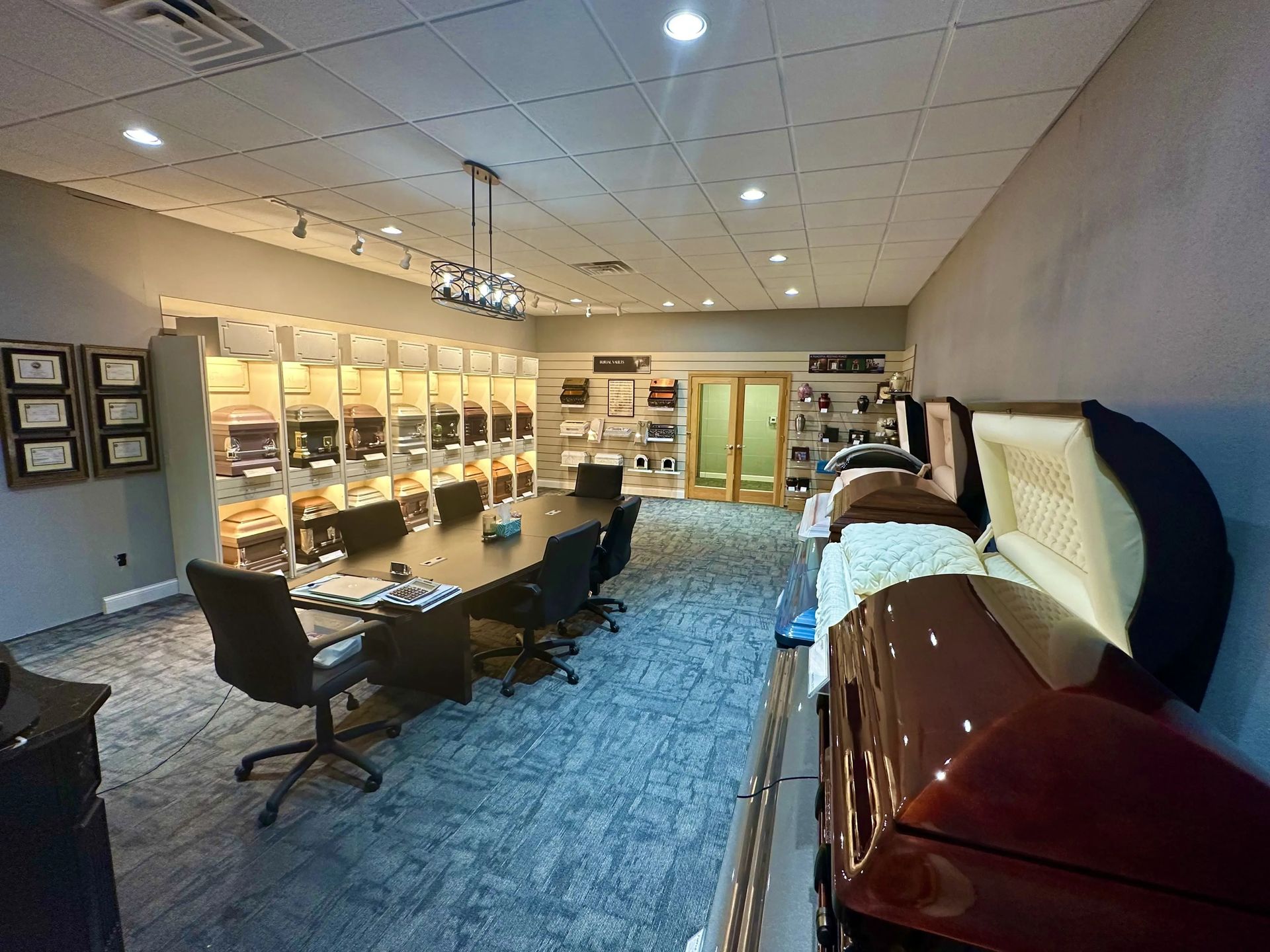 Casket showroom and office at Christensen Family Funeral Home in Seymour, IN.