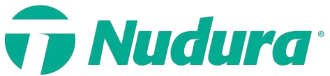 Logo Nudura : Un cercle de couleur turquoise avec une forme en « T » stylisée à l’intérieur, accompagné du texte « Nudura ».