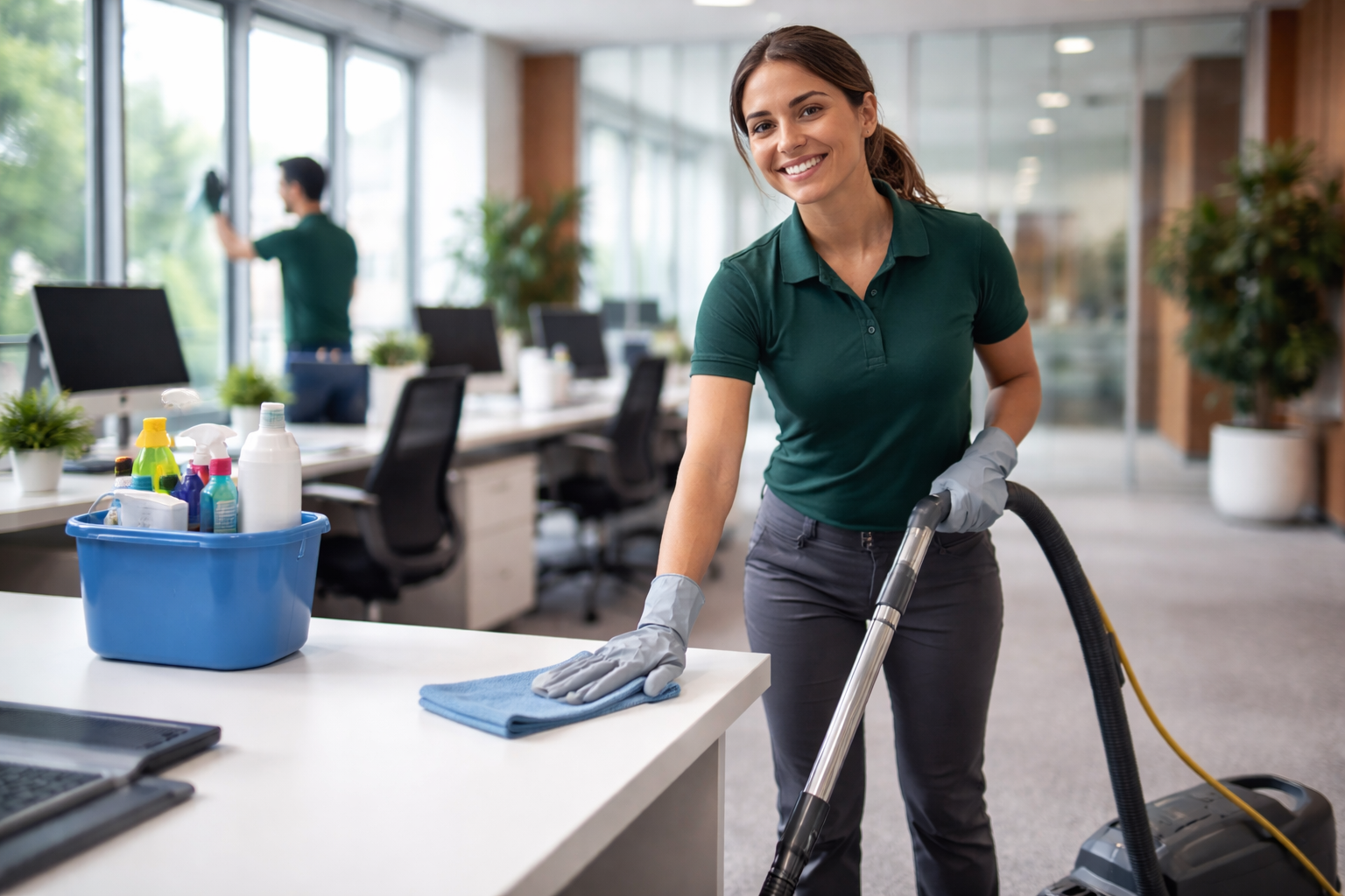Woman in green shirt cleans office desk with vacuum cleaner and smiling; another person cleans window.