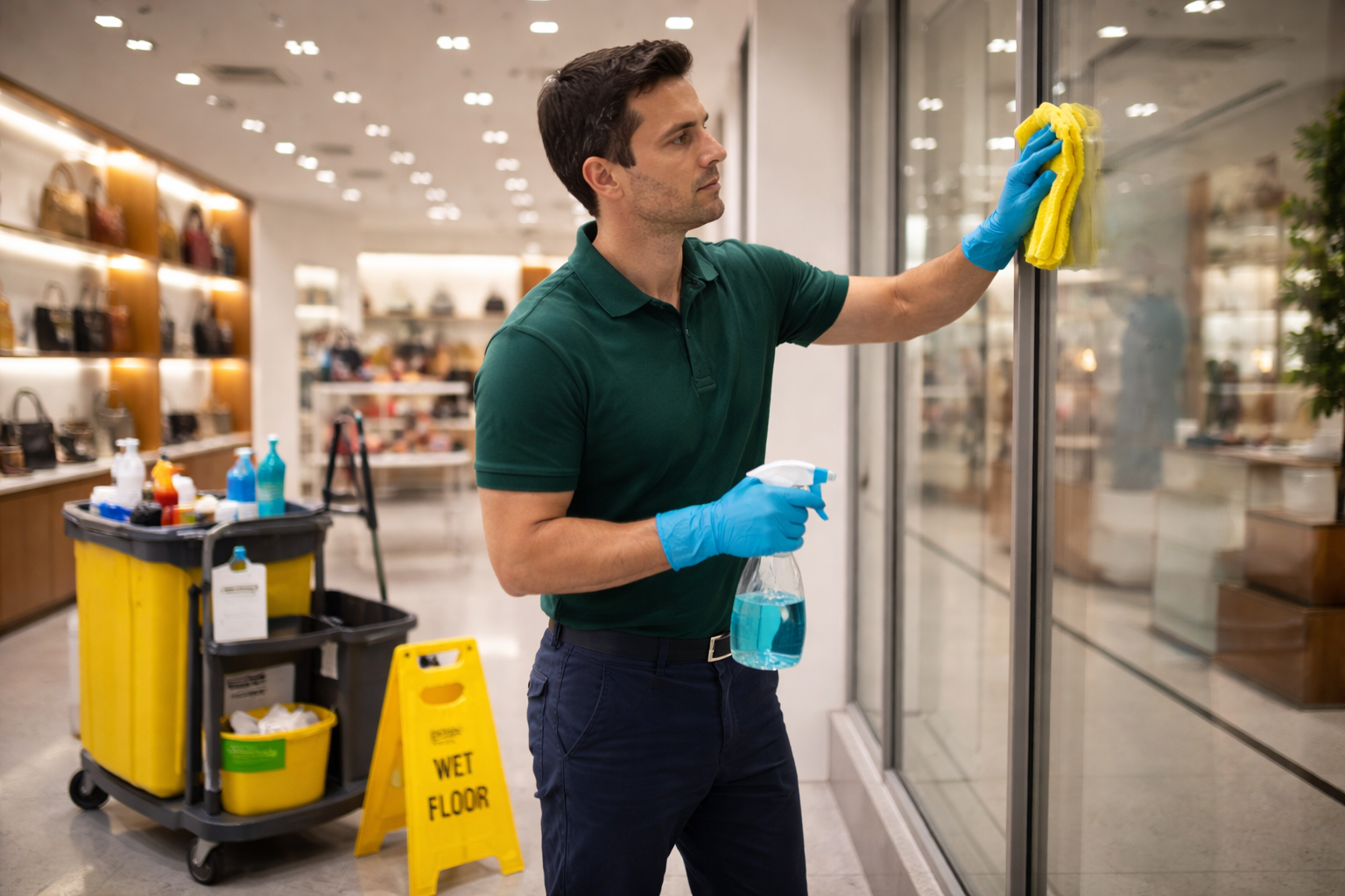 A person in a green shirt and blue gloves cleans a window in a store, with cleaning supplies nearby.