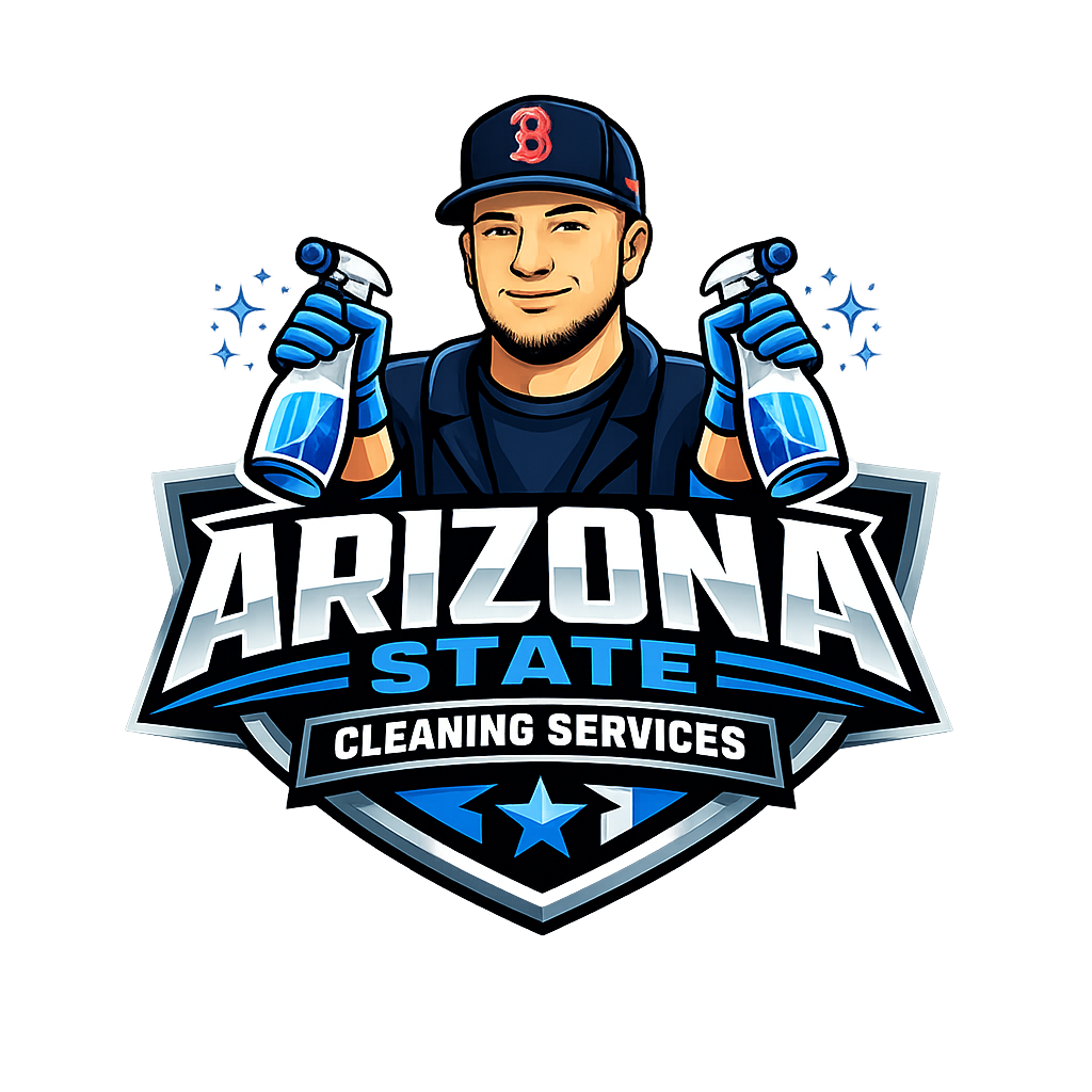 Logo for Arizona State Cleaning Services. Man holding spray bottles inside a shield.