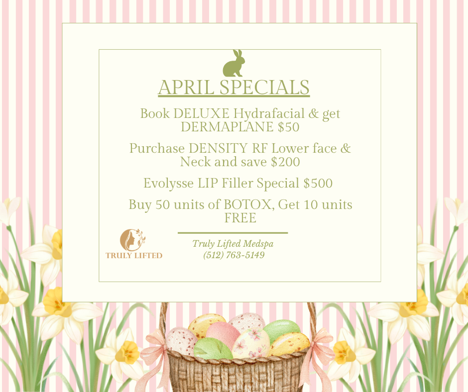 Promotional graphic for February specials: deals on Jeuveau, skin tightening, lip filler, and Skinbetter Science products. Pink floral background.