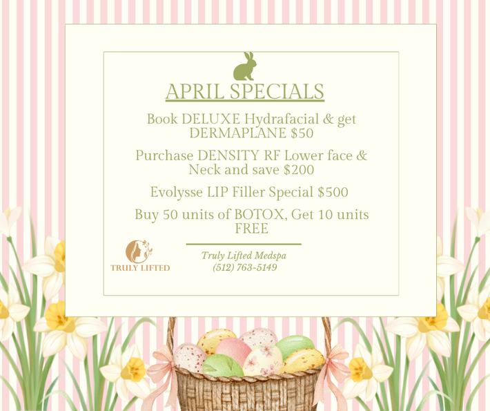 Promotional graphic for February specials: deals on Jeuveau, skin tightening, lip filler, and Skinbetter Science products. Pink floral background.