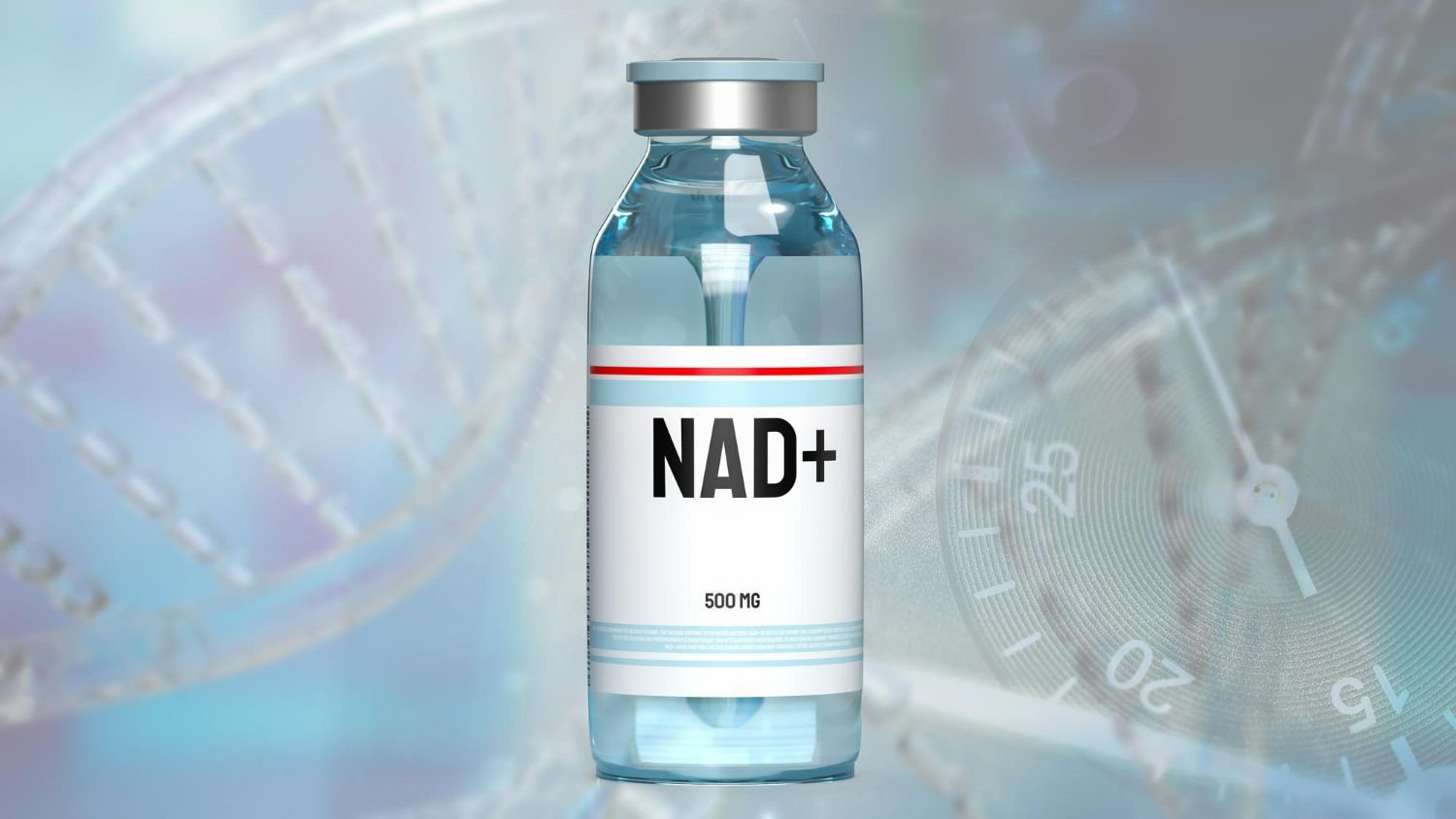 Vial of NAD+ with a blue liquid, white label, and background of DNA strands.