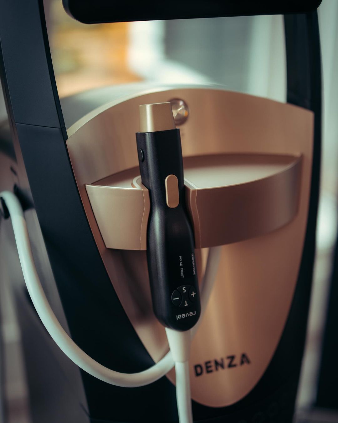 A close up of a device that says ' denza ' on it