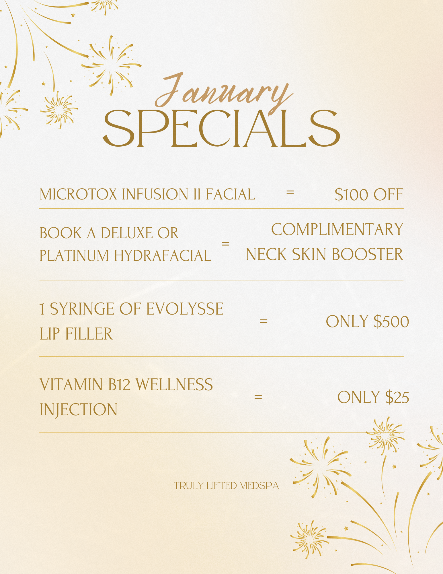 January Specials flyer offering discounts on facial treatments, lip filler, and vitamin B12 injections.