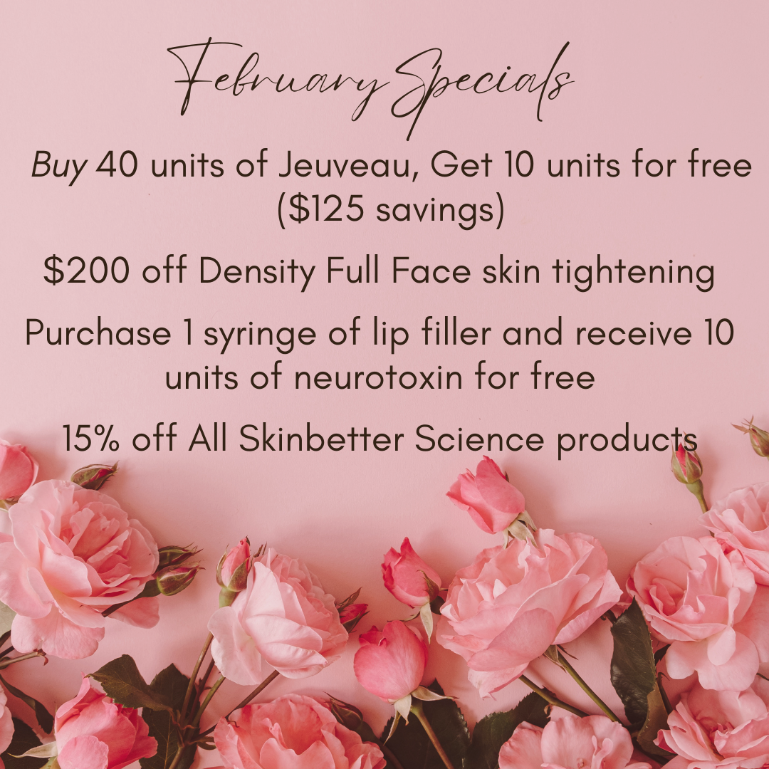 Promotional graphic for February specials: deals on Jeuveau, skin tightening, lip filler, and Skinbetter Science products. Pink floral background.