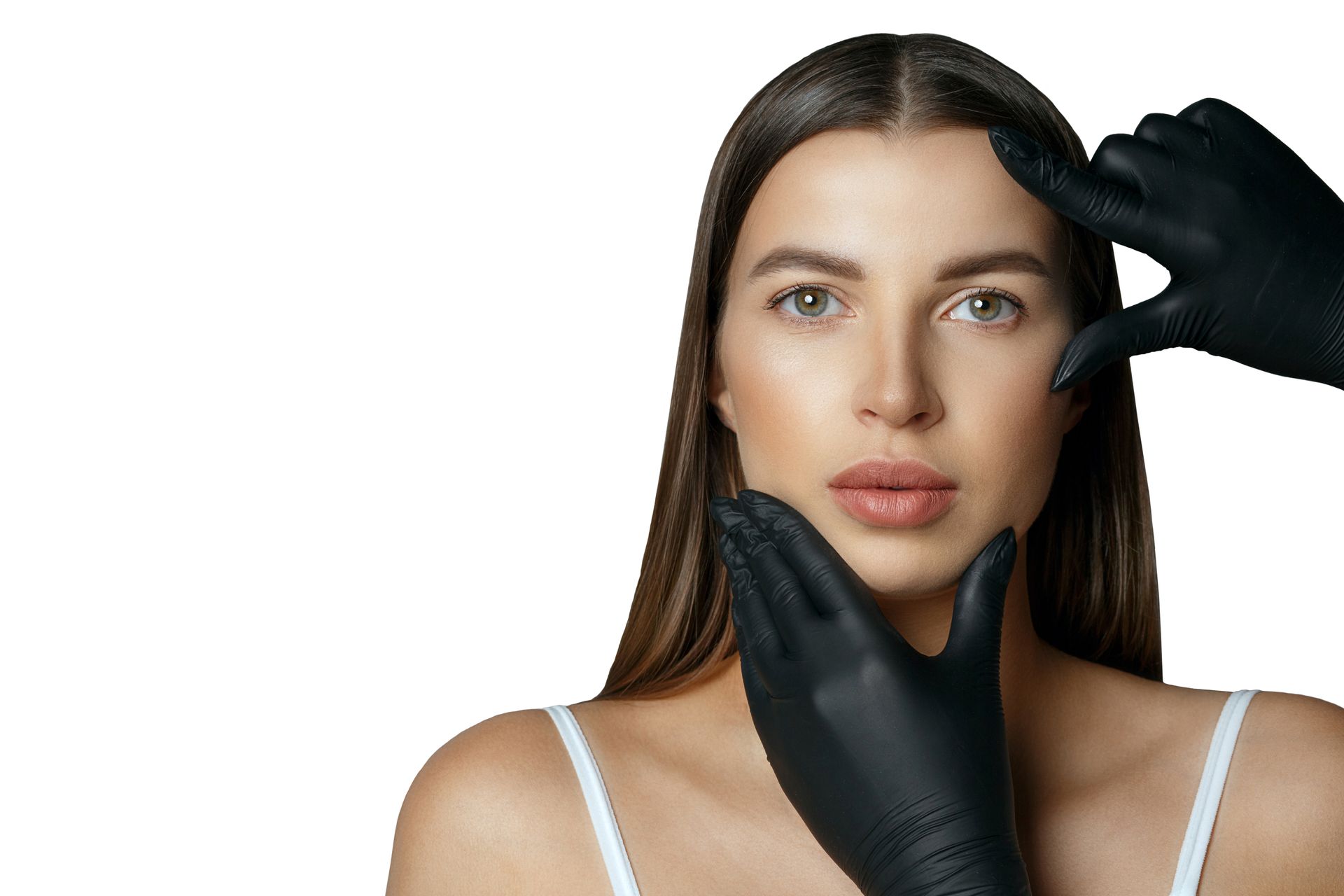 a woman is being examined by a doctor wearing black gloves .