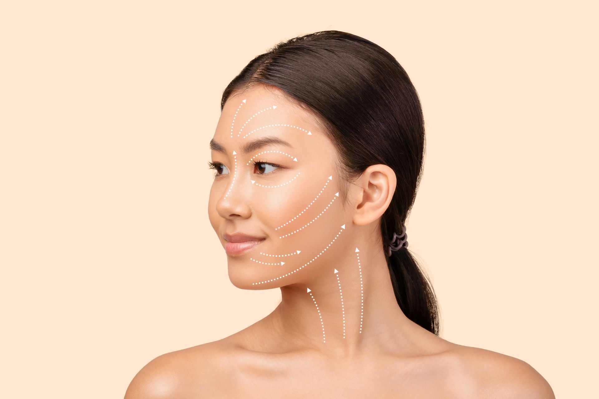 Woman's face with white lines indicating a cosmetic procedure, set against a peach background.