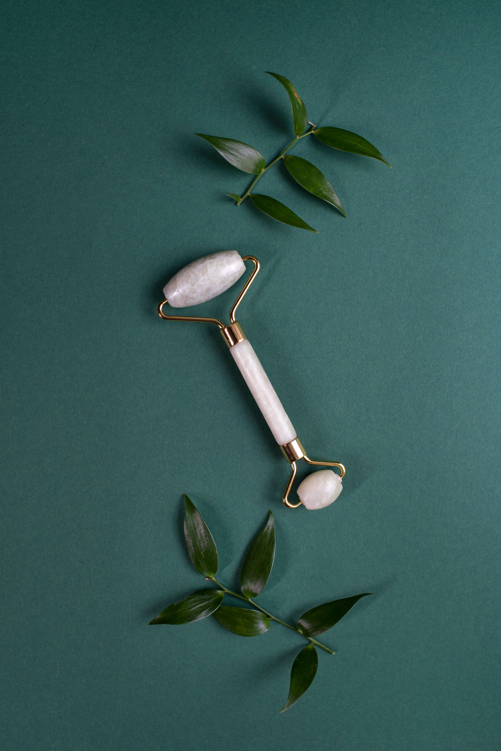 A white jade roller with green leaves on a green background.