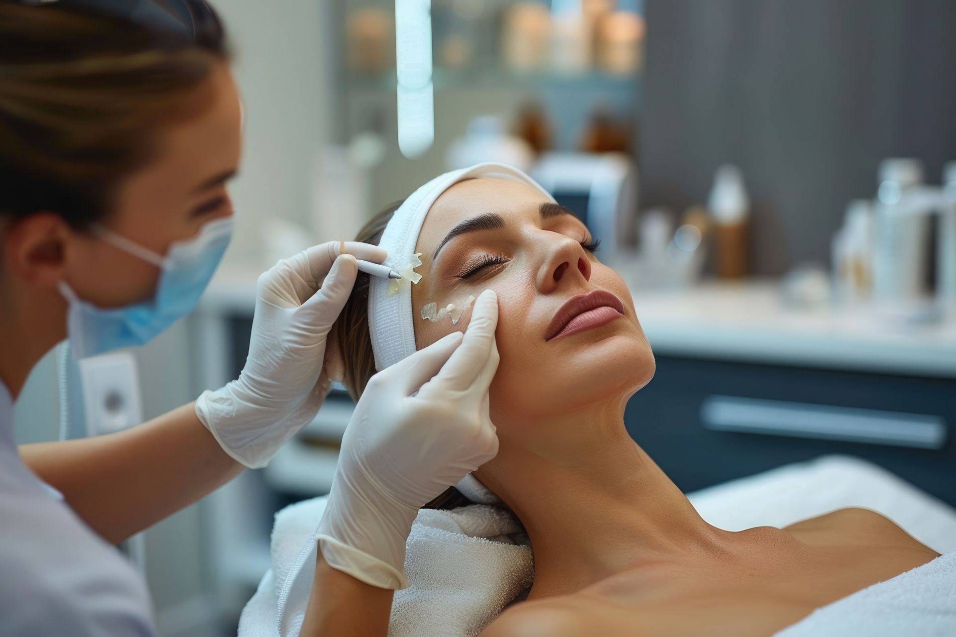 A woman is getting a facial treatment at a beauty salon.