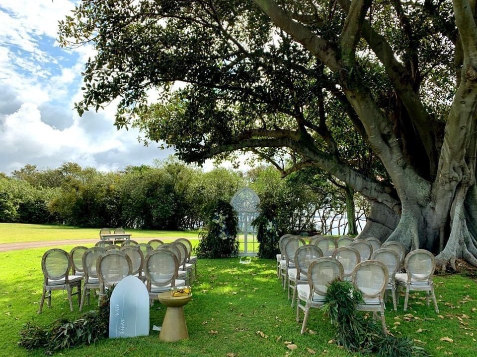 Outdoor Wedding Under a Tree, With Chairs for Guests on a Green Lawn — Amanda Douglass Catering Service in Corlette, NSW