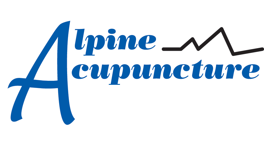 A blue logo for alpine acupuncture with a mountain in the background.