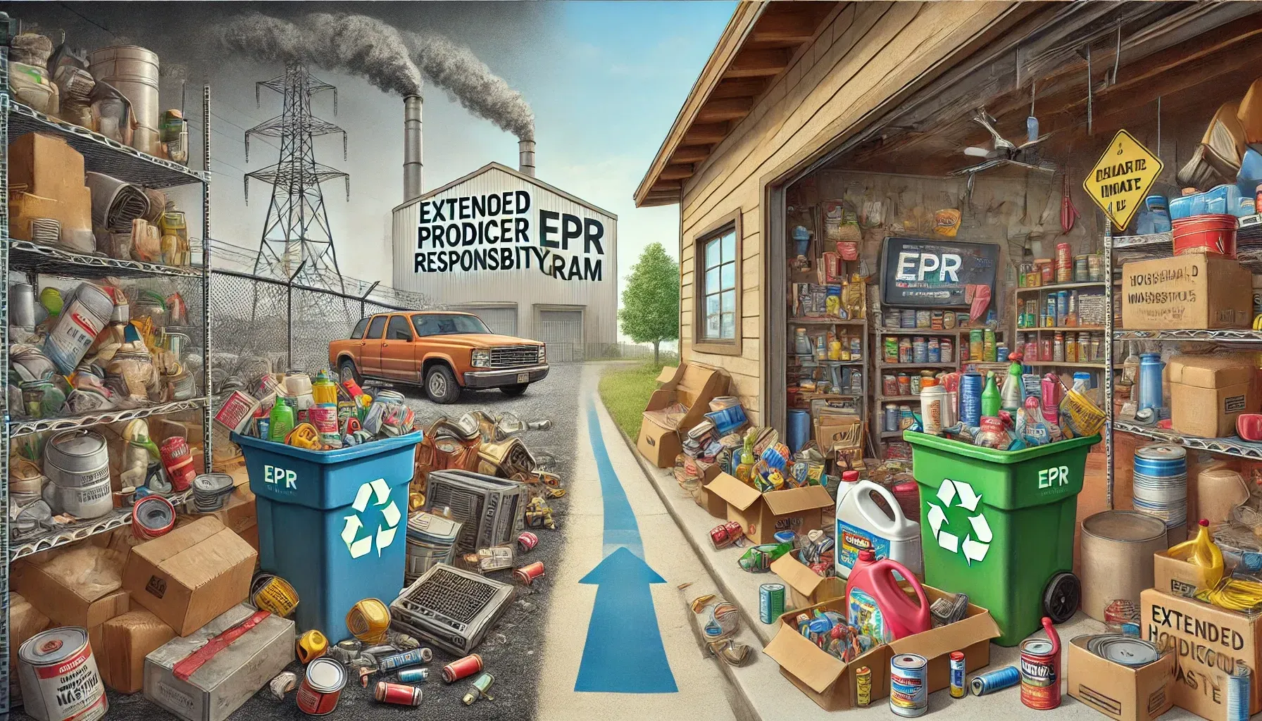 Various household hazardous waste items such as paints, cleaners, batteries, and pesticides.