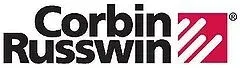 Corbin Russwin logo in black and red with stylized white diagonal stripes