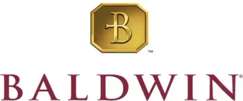 Baldwin logo with gold hexagon monogram above maroon “BALDWIN” text