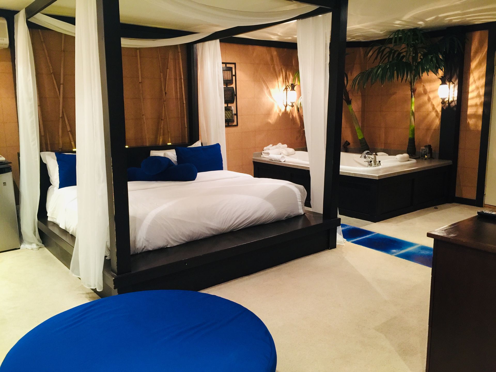 Une chambre avec un lit à baldaquin et une baignoire jacuzzi