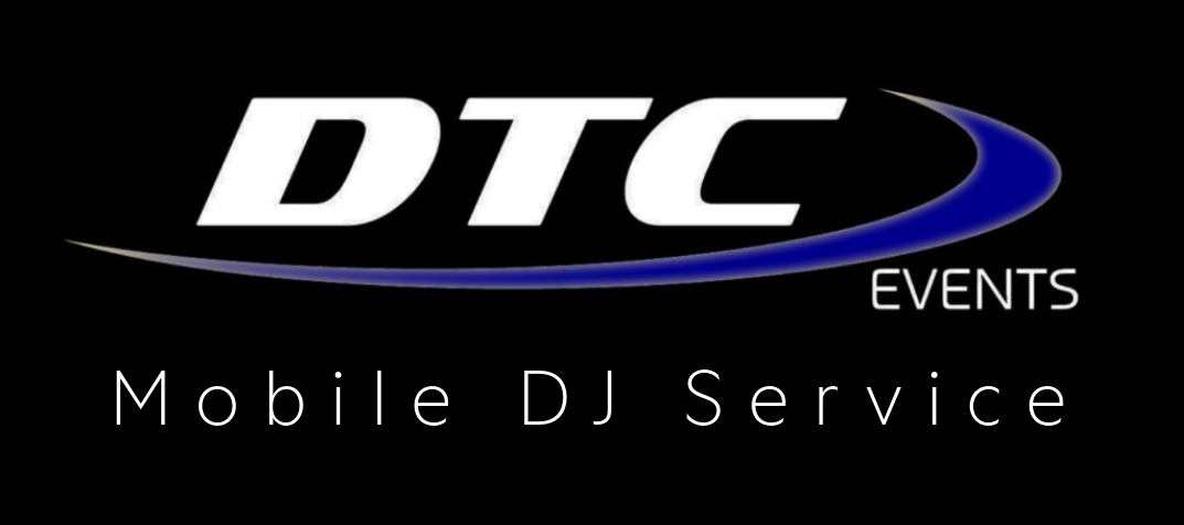 DTC Events logo with blue swoosh and text “Mobile DJ Service” on a black background