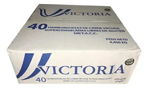 Caja de 40 hamburguesas de carne de res congeladas y sin gluten de la marca Victoria.