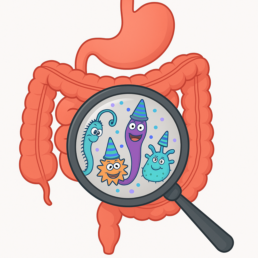 A cartoon illustration of a human intestine with a magnifying glass showing bacteria.