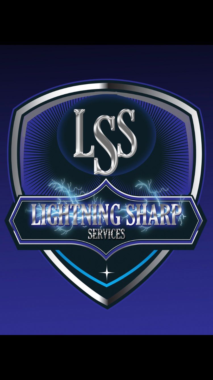 Logo for Lightning Sharp Services, shield shape, dark blue with silver trim, text 