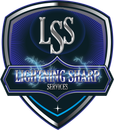 Shield-shaped logo, blue, with "LSS" and "LIGHTNING SHARP SERVICES" text and lightning bolts.