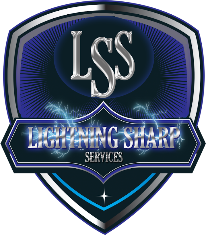 Shield-shaped logo, blue, with "LSS" and "LIGHTNING SHARP SERVICES" text and lightning bolts.
