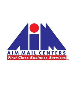 AIM Mail Centers logo with blue mountain-like shapes, a red circle, and the text 