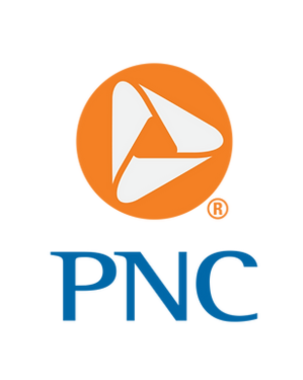 PNC bank logo: orange circle with white triangle-shaped design; blue 