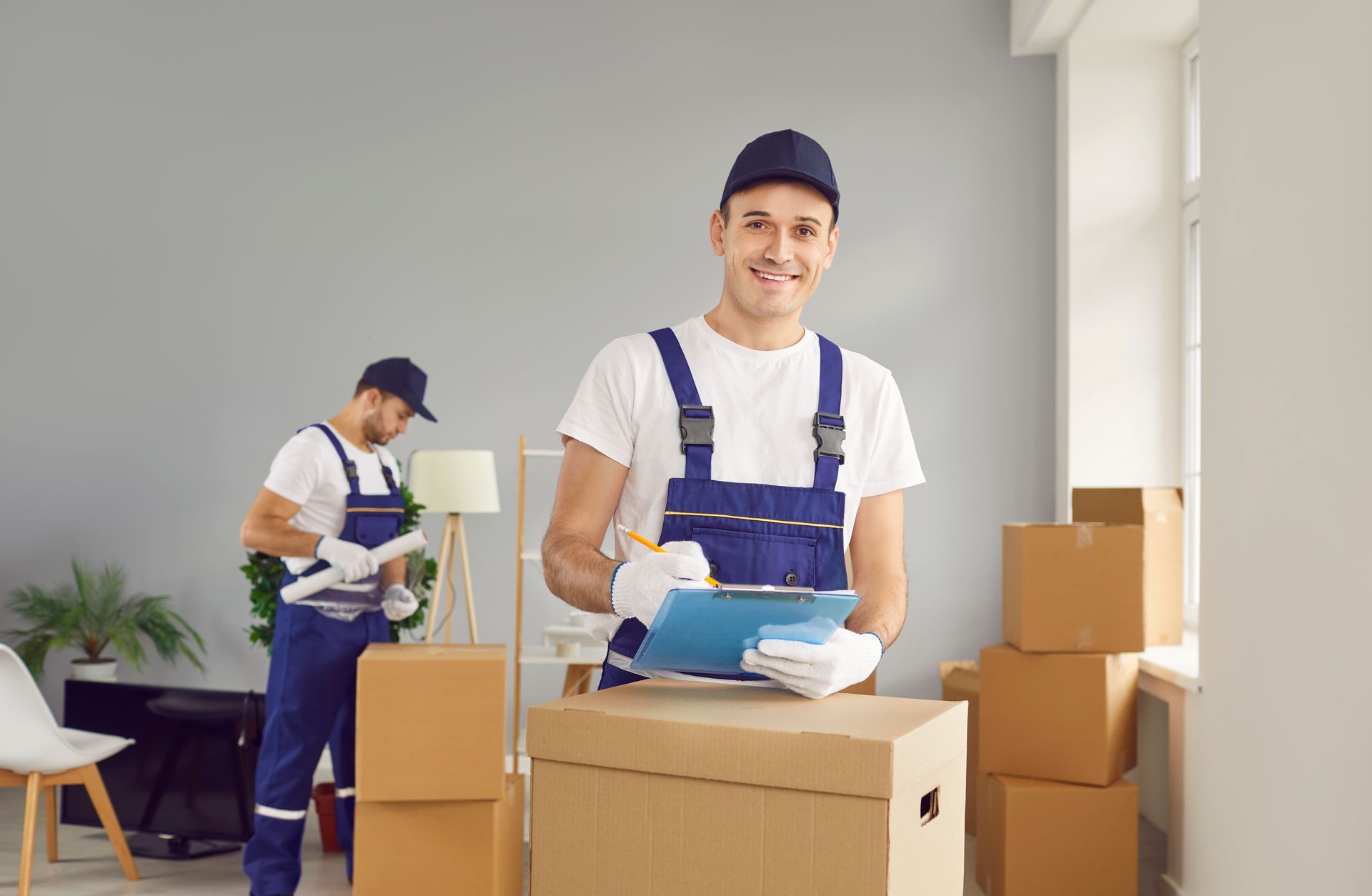 A man is standing next to a stack of cardboard boxes in a living room.