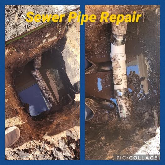 Two photos show sewer pipe repair in a dirt pit. Dark water and pipes are visible.