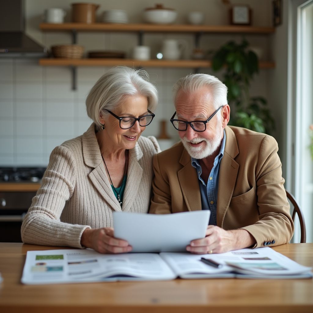 Two people review documents together at a table in a bright kitchen.