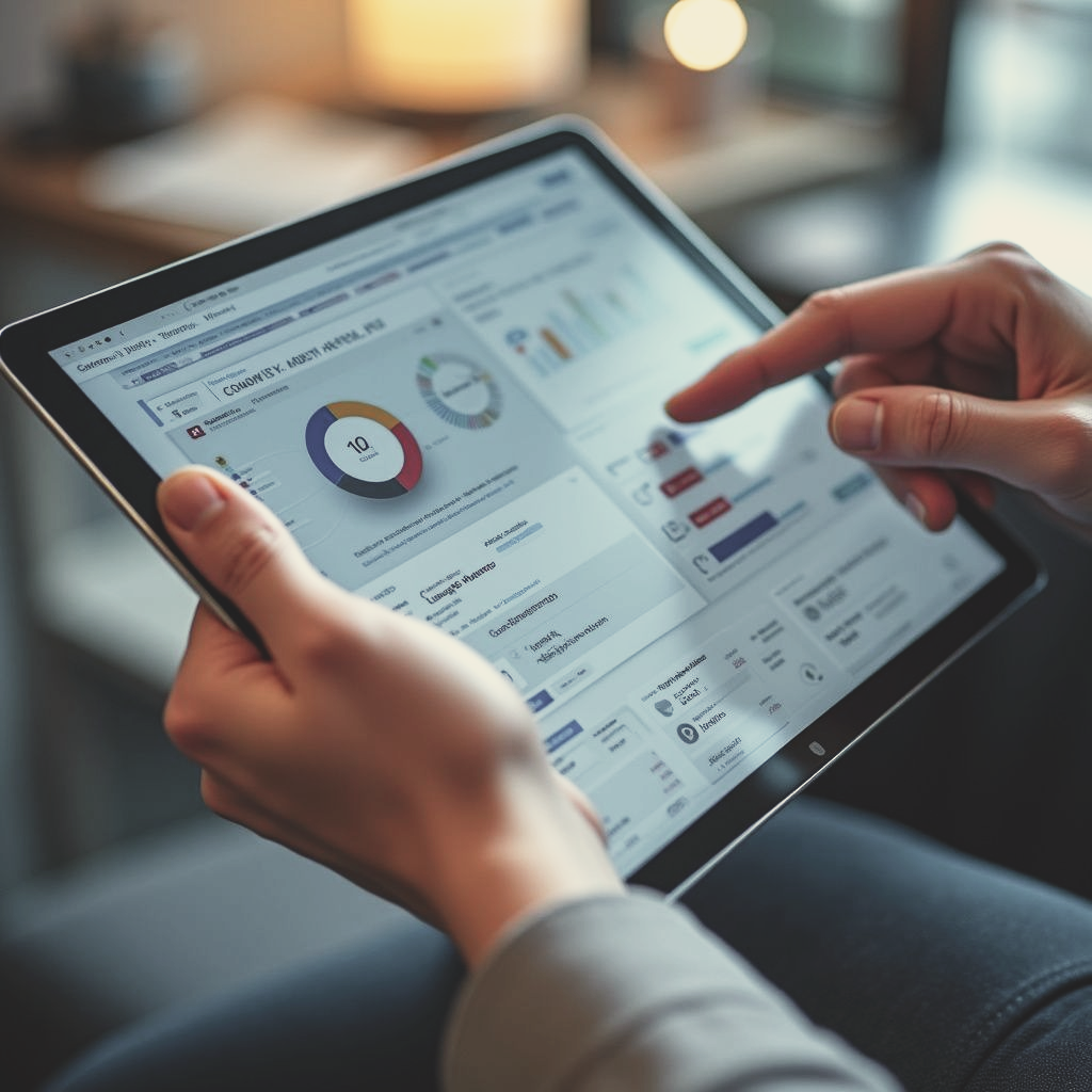 Hands using a tablet showing charts and analytics dashboard in a softly lit workspace