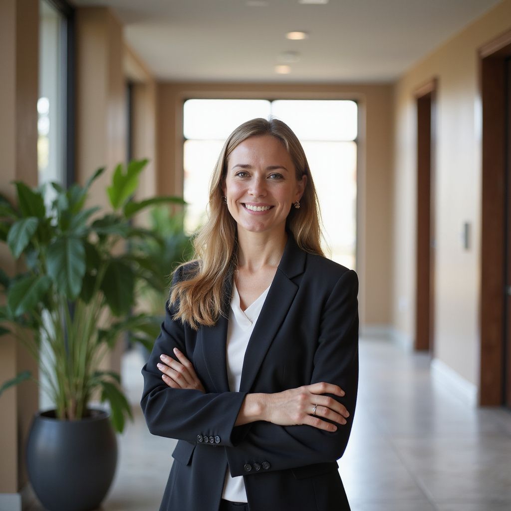 Smiling professional in a black blazer stands in a bright office hallway with arms crossed.