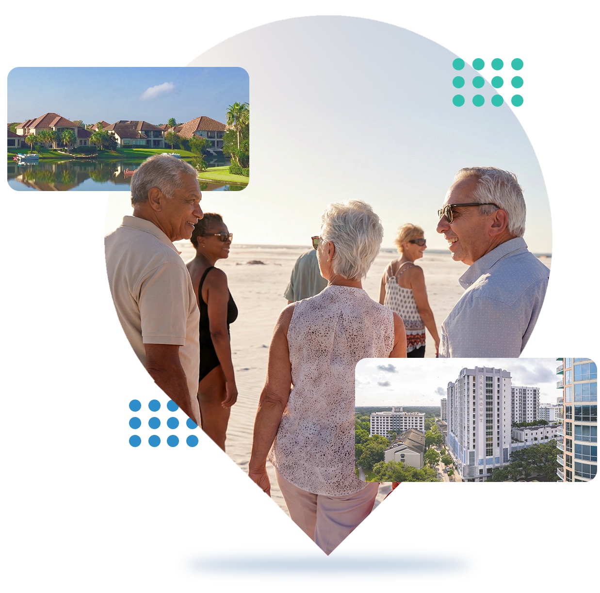 Five people stand at sunset over a waterfront, with inset views of houses and a city building.