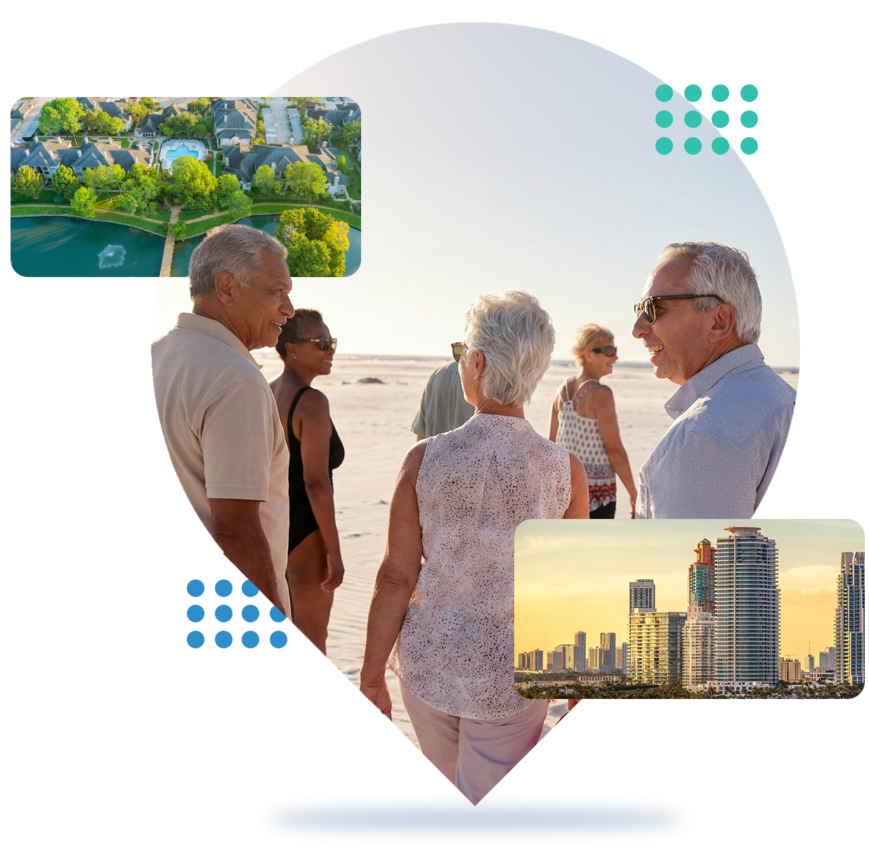 Group of people chatting on a beach at sunset, with city and resort inset views.