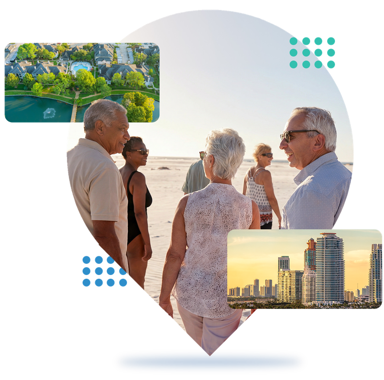 Group of people chatting at a waterfront lookout with cityscape and greenery inset photos around a heart shape