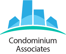 Condominium Associates logo with blue building shapes and teal arc above black text