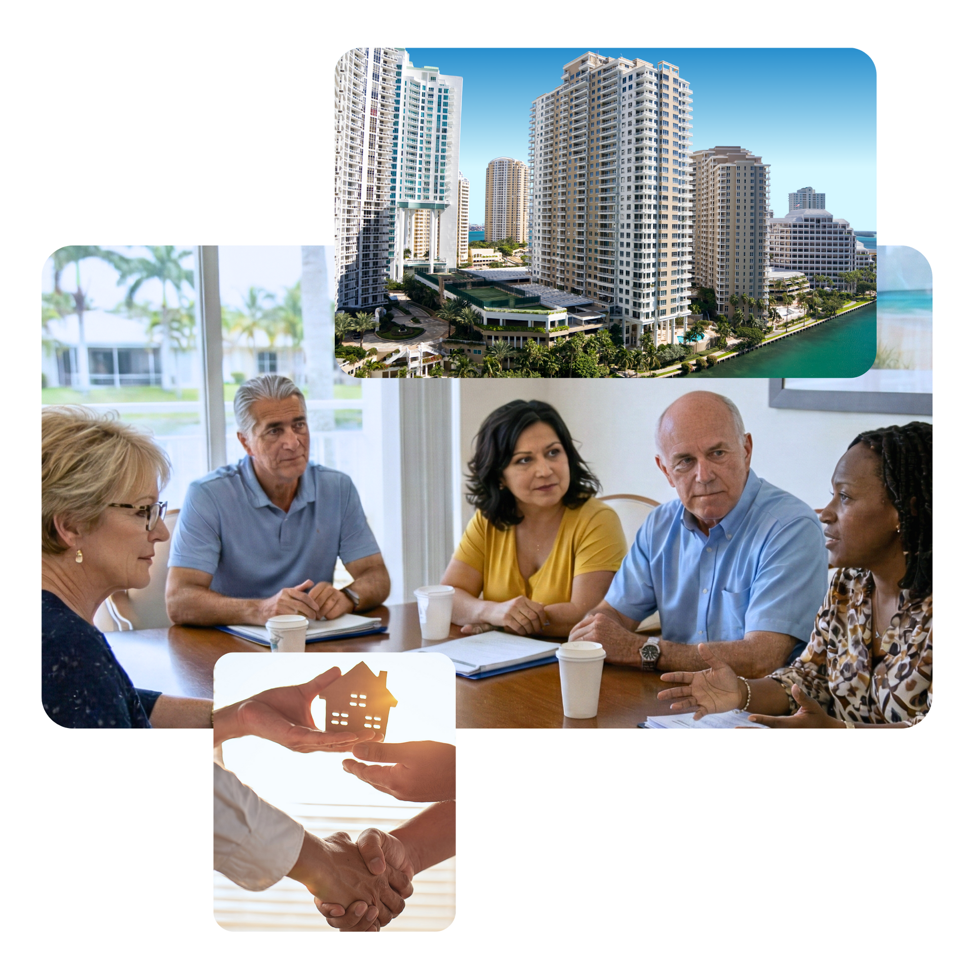 People meeting at a table with handshake inset and apartment buildings in the background