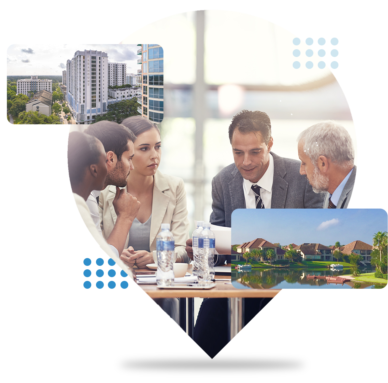 Business meeting at a table with city buildings and a lakeside resort in a geometric collage