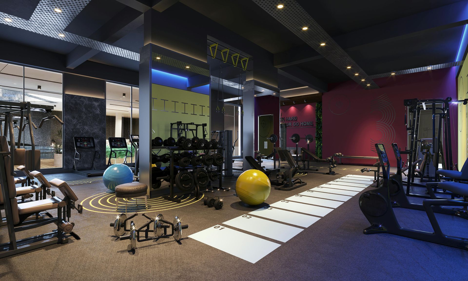 Modern gym interior with exercise equipment, mats, medicine balls, and treadmills under colorful lighting